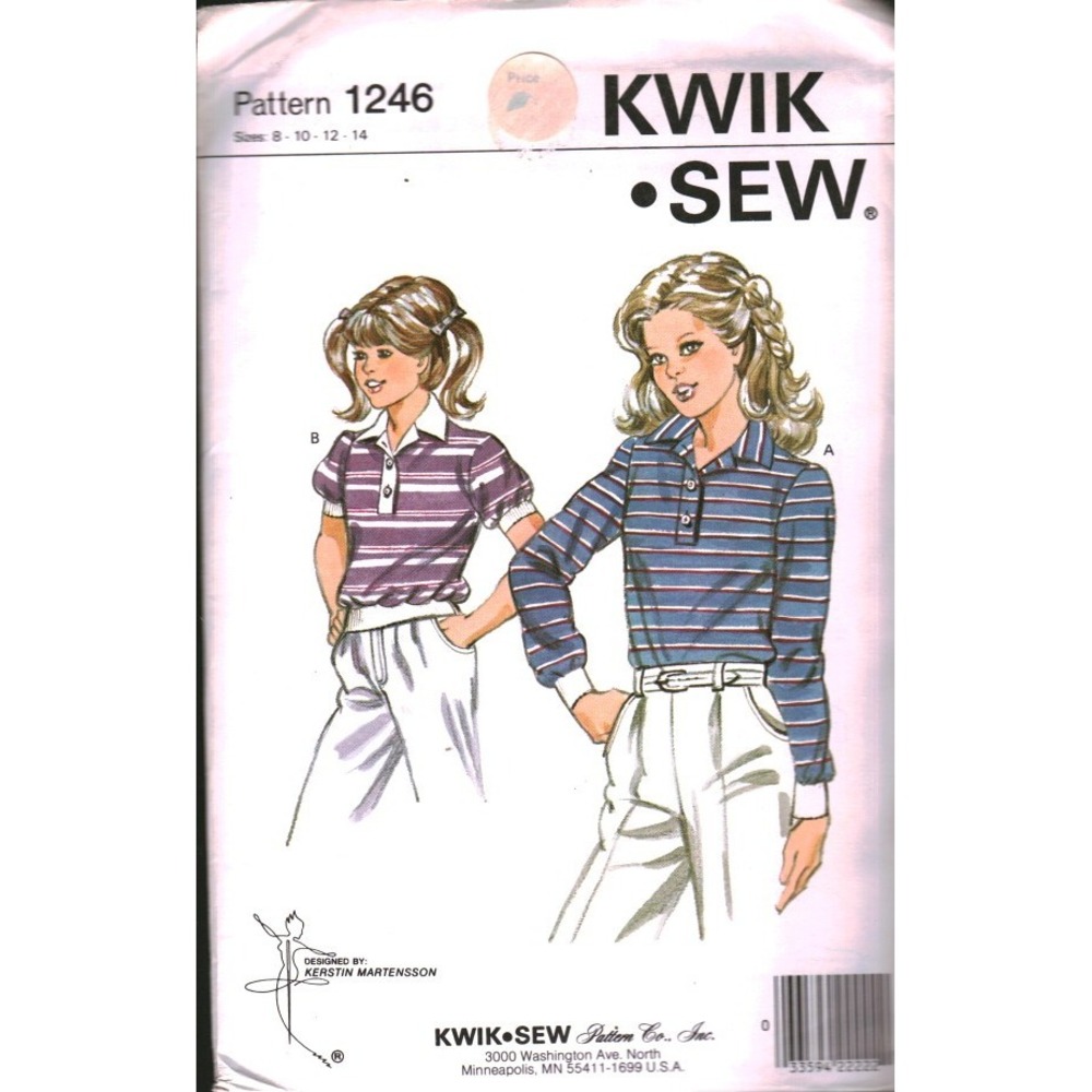 Vintage Kwik Sew 1246 Girls Tab Front Shirt Sewing Pattern Size 8 10 12 14 Knit